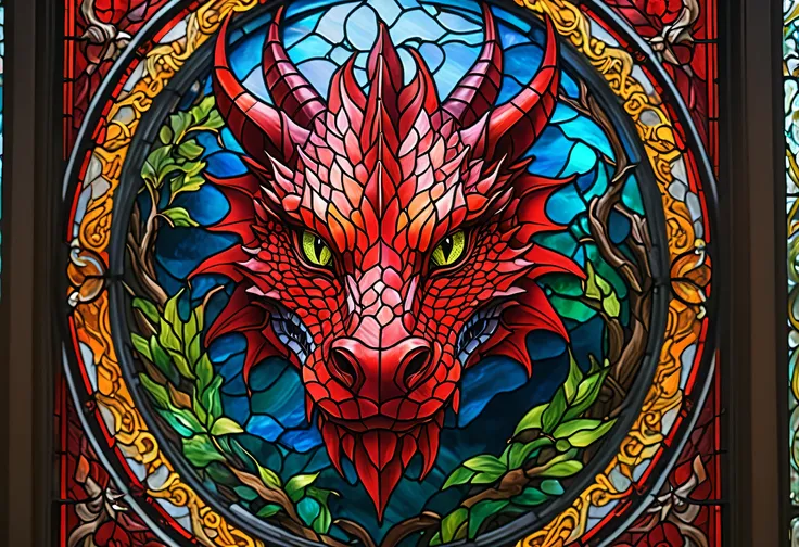 Picture of a dragon with a colorful face on a stained glass window,  dragon oil painting , Dragon Art,  dragon oil painting  forest, 4k detailed art, Portrait of a Dragon,  Dragon Mow shot art, Detailed painting 4k, cyborg Portrait of a Dragon,  Red Dragon...