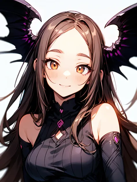 dutch angle,solo,upperbody:0.6,looking at viewer,brown thin straight long hair,forehead,cute face,brown eyes,(sexy succubus costume), detailed wings, demon horns, seductive pose, glowing eyes, long flowing hair, gothic outfit ,white background,( manga styl...