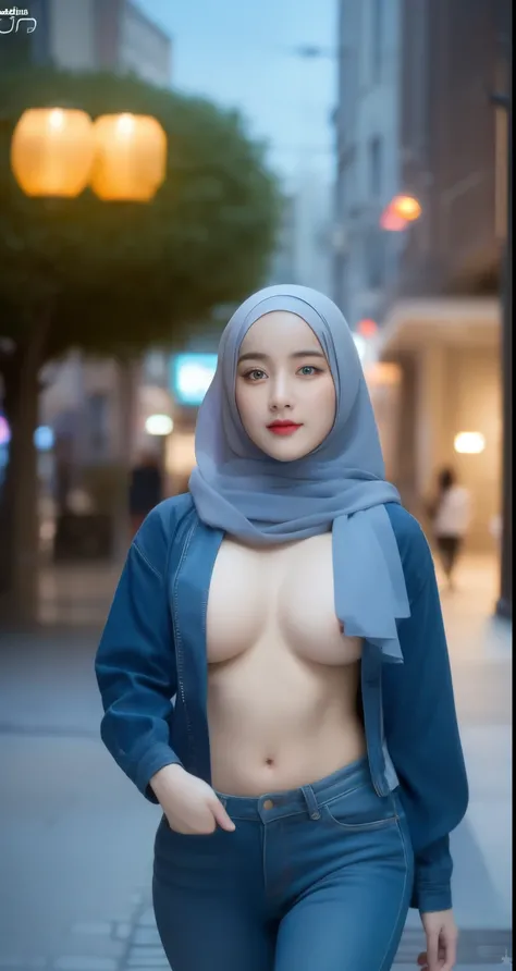 a beautiful young woman wearing a long hijab walking down an empty street, tight clothes, prominent nipples, ((long hijab)), sexy body, sexy hips, body portrait from face to hips, close up shot, blue sky, (best quality,4k,8k,highres,masterpiece:1.2),ultra-...