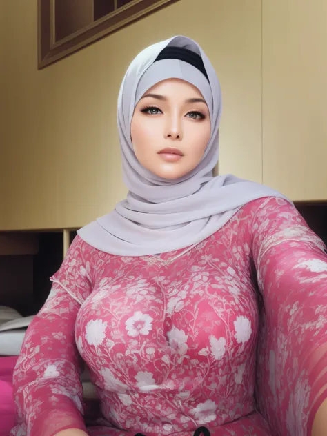  sexy mature  ,40 years old ,He wears a transparent pink dress,poor,big chest, huge breast, (hijab),  open front ,  sexy bra ,  real skin ,   soft lighting  , real breasts, Realistic breasts,  Detailed skin features  ,  Detailed clothing features, BodyProp...