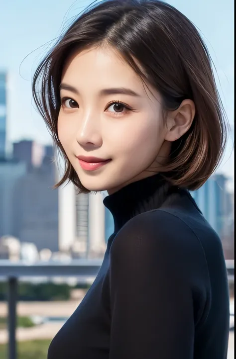 ((( face close-up )))、((( brown, Shoulder length,  straight short bob taken by someone)))、((( with the New York skyline in her background 、 pose like a model in a beauty salon。.)))、(((Casual black long sleeve winter clothing)))、Half Japanese、Half Korean 、 ...