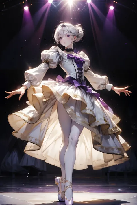 Woman dancing.  pale skin .  Silver hair.  complicated hairstyle .  purple eyes .  White clothes . Lush ballet tutu. long skirt.  long puffy sleeves .  pointe shoes.