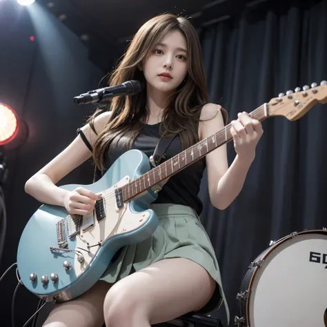 (( Masterpiece,   best quality))1 girl,  alone,  black dress ,  blue eyes, electric guitar, guitar, earphones,  double ponytail, hold, hold plectrum,  tools , Long hair, song,  one side up ,  blue-green hair , Double End , กำลังเล่นguitar, Pleated skirt,  ...