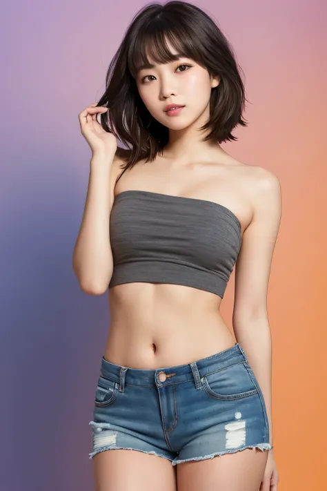 (( Masterpiece)), (( top quality)), ( portrait of a beautiful girl), Perfectly detailed eyes,  perfectly detailed face overflowing from lips,  super detailed nose, 開いた口,  random color shorts,  perfect teeth with bangs,  bare shoulders,  attractive,  perfec...