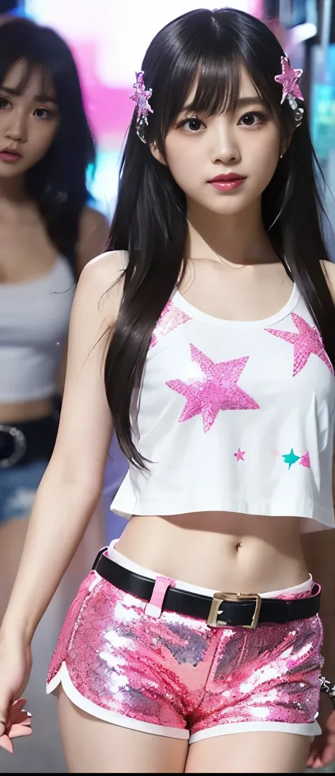  pure idol girl、A pure girl's face、 hypo、 Star Print White Tank Top、fluorescent pink sequin tight shorts、Star Belt、、Glowing Punk Town 