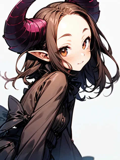 dutch angle,sideview, (looking at viewer),solo,upperbody:0.6,looking at viewer,brown thin straight long hair,forehead,cute face,brown eyes,(sexy succubus costume), detailed wings, demon horns, pece sign, gothic outfit ,white background,( manga style),(sket...