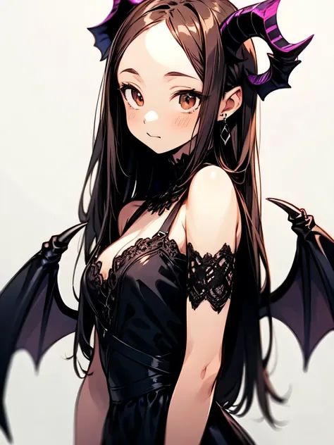 dutch angle,sideview, (looking at viewer),solo,upperbody:0.6,looking at viewer,brown thin straight long hair,forehead,cute face,brown eyes,(sexy succubus costume), detailed wings, demon horns, pece sign, gothic outfit ,white background,( manga style),(sket...