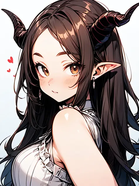 dutch angle,sideview, (looking at viewer),solo,upperbody:0.5,looking at viewer,brown thin straight long hair,forehead,cute face,brown eyes,(sexy succubus costume), detailed wings, demon horns, pece sign, gothic outfit ,white background,( manga style),(sket...