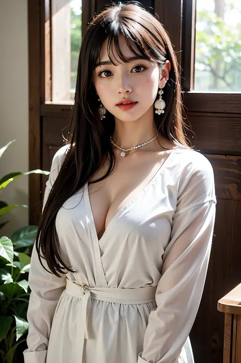 A photorealistic portrait of a young Japanese woman standing gracefully by a window in a bright, white-toned interior during the golden hour. She has dark brown hair styled in a neat bun with soft bangs that gently frame her delicate face. Her large, expre...