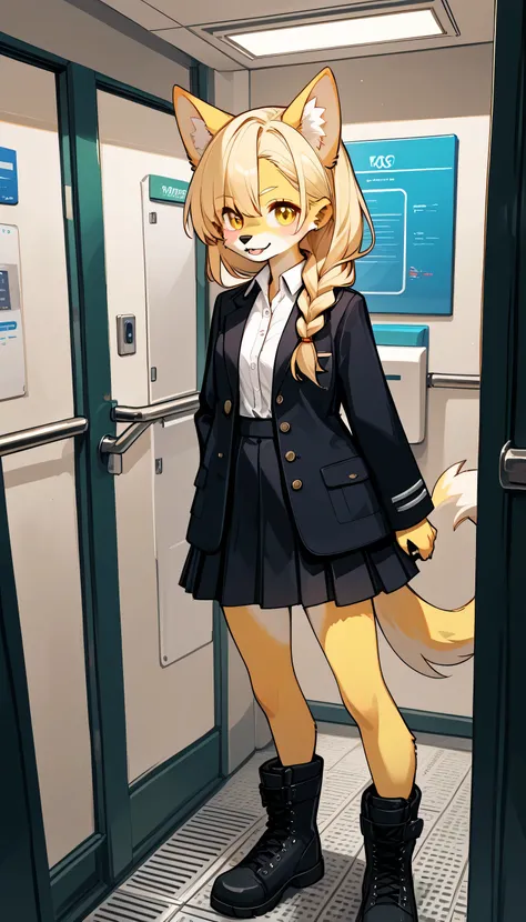 score_9,score_8_up,score_7_up, source_furry, An anthro furry dog girl, yellow furry dog girl, yellow eyes, yellow dog ears, blonde hair, long braided hair, snout, black nose, wearing black blazer, white button up shirt. Black skirt, black combat boots, han...