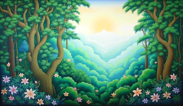 Mural Thai painting. Art. soft tone. empty dense rain forest with some flowers. bright sky, has mountains as a background. scary atmosphere.