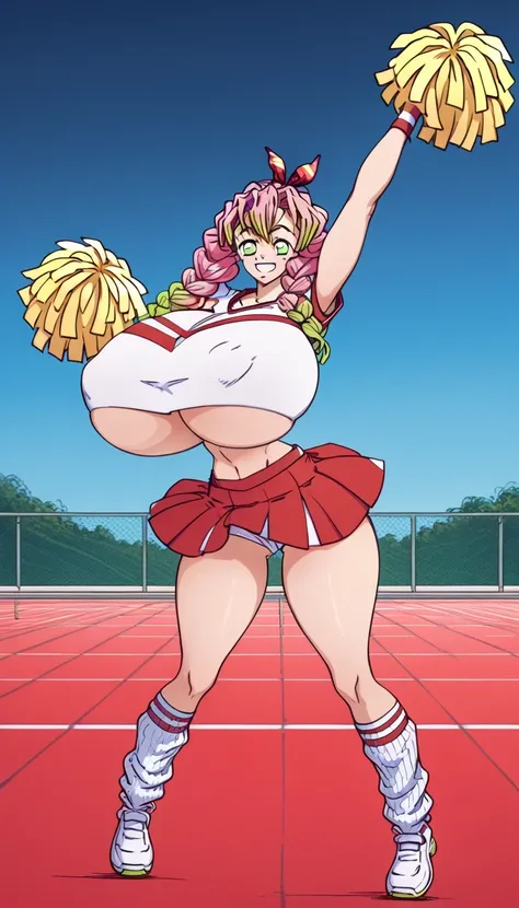 score_7_up, BREAK source_anime, KMitsuriV4XL, 1girl, solo, slight smile, ) upcheerleader outfit is a crop top paired with shorts or a skirt, The crop top may have long or short sleeves and features a colorful design or a pattern that matches the team's col...