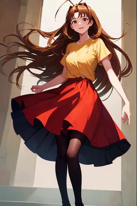 (masterpiece, best quality:1.2), cowboy shot, solo, 1girl, narusegawa naru, smile, looking at viewer, antenna hair, yellow shirt, short sleeves, red skirt, pantyhose