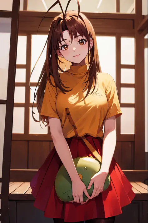 (masterpiece, best quality:1.2), cowboy shot, solo, 1girl, narusegawa naru, smile, looking at viewer, antenna hair, yellow shirt, short sleeves, red skirt, pantyhose