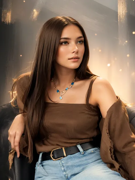  woman sitting in a chair in a brown top and blue jeans,  photographic photography, extreme quality ,  maximum detail ,  highest quality,  masterpiece, 8k, detailed straight hair  