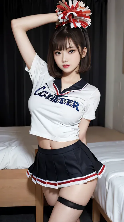  Masterpiece,  top quality,  illustration ,  very detailed, Fine details,  high resolution, 8k,wallpaper,  perfect dynamic composition,(Detailed and high quality,  realistic depiction:1.3),   Hotel Room , ( Cheerleader:1.5),( mini skirt), stand、 big breast...