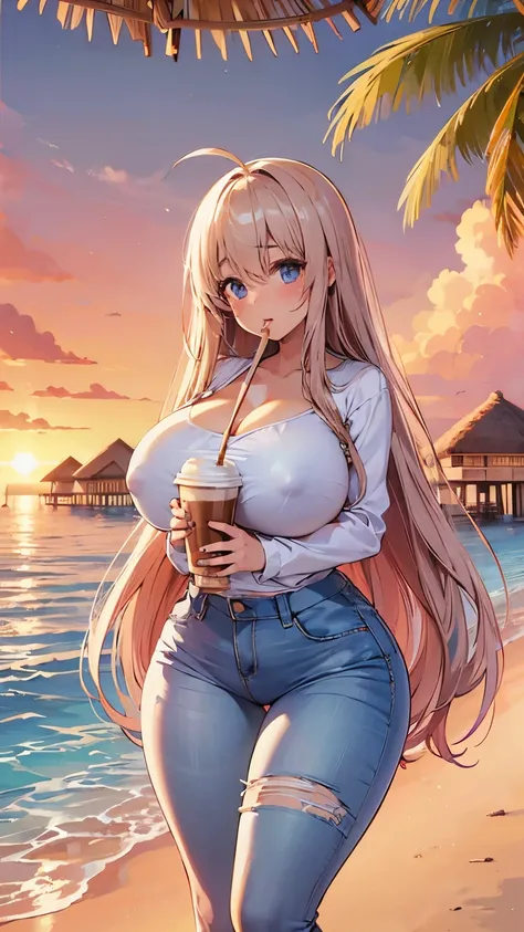 Anime plump hourglass body young woman huge breast bigger nipple , in Maldives at sunset , she wears short overalls white long socks , she she loves ice coffee 