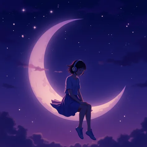 A girl sitting on half moon with headphones eyes closed, listening in the music, moon shines in purple sky, purple sparkling. Night 