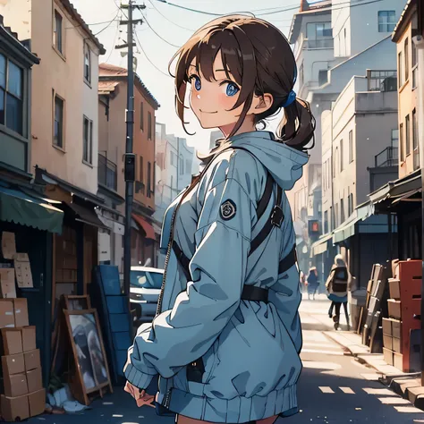 Masterpiece, best quality, A girl with Brown hair and light blue tips and blue eyes is turned around smiling at someone and wearing a hunter clothing, street background