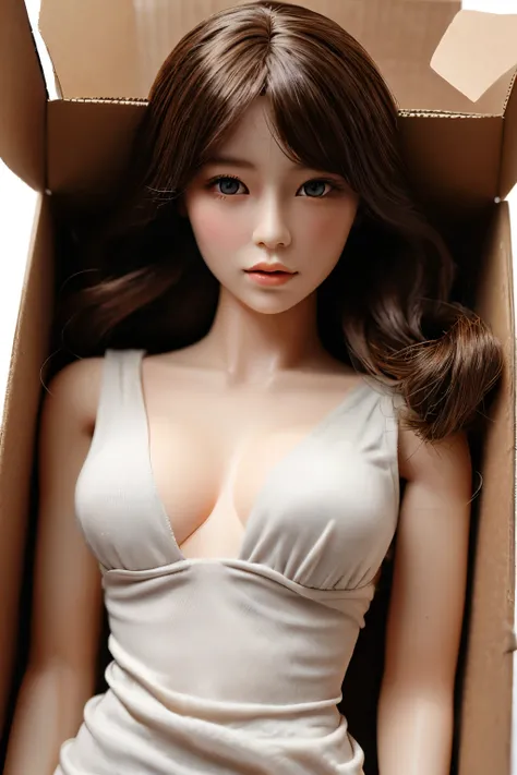 A full-body top-down view of a life-sized, hyper-realistic Japanese female doll carefully packed inside a cardboard box. The doll is crafted with extreme detail, so lifelike that it could be mistaken for a real human. Her delicate facial features are intri...