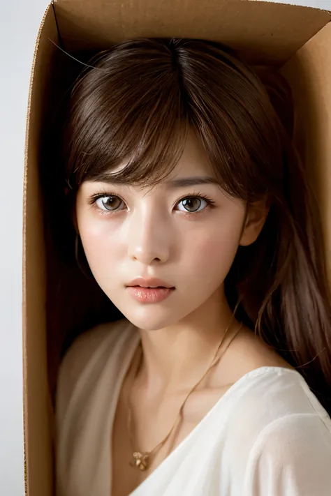 A full-body top-down view of a life-sized, hyper-realistic Japanese female doll carefully packed inside a cardboard box. The doll is crafted with extreme detail, so lifelike that it could be mistaken for a real human. Her delicate facial features are intri...