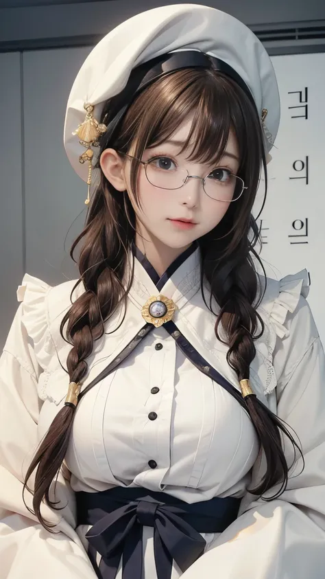 (最高qualityのディテール)、 is present、 8K ultra HD 、 high resolution、(Glasses、 braids、Big Breasts、 one girl:1.2)、The 超  Detailsな、高qualityのテクスチャ、複雑な Details、  Details、非常に  DetailsなCG、高qualityの影、  Details 美しく繊細な顔、  Details 美しく繊細な目、 Depth of Written Boundary、 ray tra...