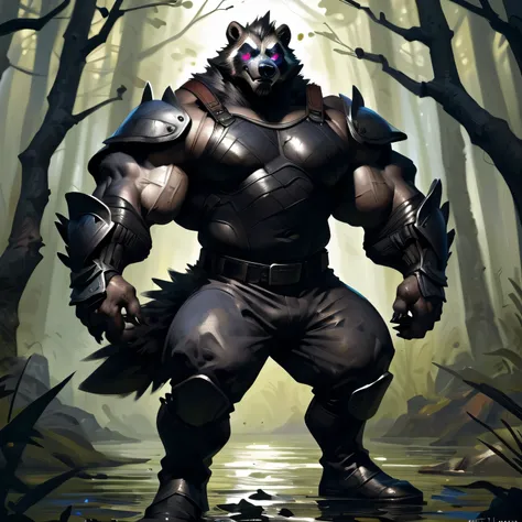 By Taran Fiddler, an anthropomorphic badass nightmare warrior dark wolverine standing with a melee weapon in a very dark swamp at night, atmosphere is very dark, (realistic, aesthetic physique, aesthetic proportions, is 1.6 meters tall, massive muscles, bl...