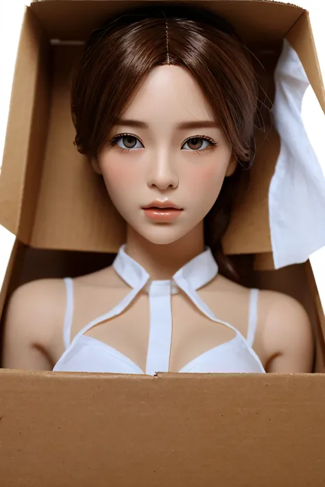 A full-body top-down view of a life-sized, hyper-realistic Japanese female doll carefully packed inside a cardboard box. The doll is crafted with extreme detail, so lifelike that it could be mistaken for a real human. Her delicate facial features are intri...