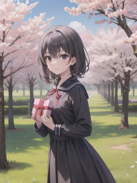 A stunningly beautiful 20-year-old woman stands in a lush green park full of cherry blossoms in full bloom under a clear blue sky. She is wearing a classic sailor uniform and holds a neatly wrapped gift box with a red ribbon in both hands in front of her c...