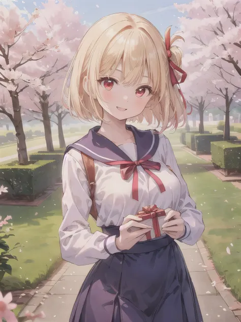 A stunningly beautiful 20-year-old woman stands in a lush green park full of cherry blossoms in full bloom under a clear blue sky. She is wearing a classic sailor uniform and holds a neatly wrapped gift box with a red ribbon in both hands in front of her c...