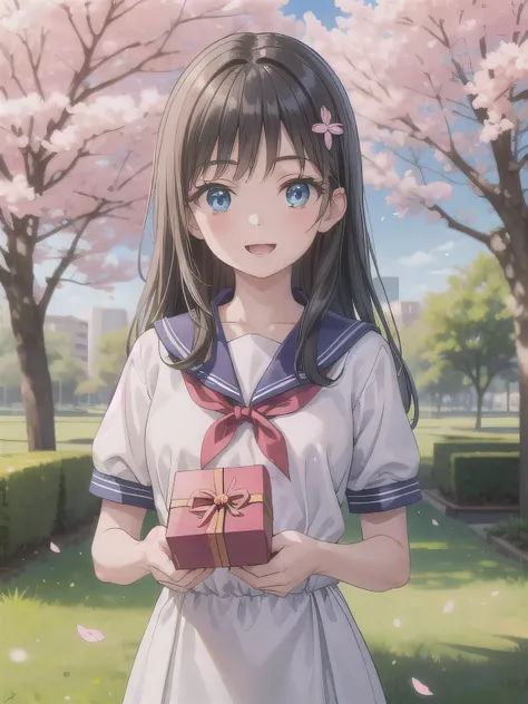 A stunningly beautiful 20-year-old woman stands in a lush green park full of cherry blossoms in full bloom under a clear blue sky. She is wearing a classic sailor uniform and holds a neatly wrapped gift box with a red ribbon in both hands in front of her c...