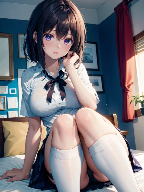  one woman、(( top quality)), ( high resolution), (( very detailed))、( Masterpiece)、An adult-like high school girl、Wearing a bald shirt, bra, and cute panties、(I'm wearing knee-high stockings)、(I'm lying on the bedroom floor and spreading my legs)、Cute nipp...