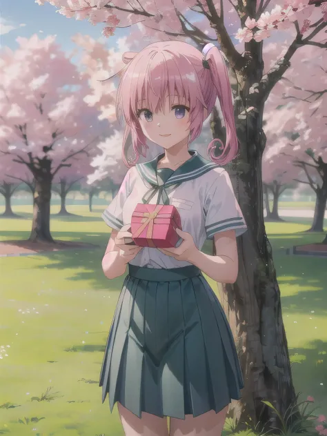 A stunningly beautiful 20-year-old woman stands in a lush green park full of cherry blossoms in full bloom under a clear blue sky. She is wearing a classic sailor uniform and holds a neatly wrapped gift box with a red ribbon in both hands in front of her c...