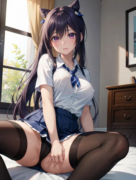  one woman、(( top quality)), ( high resolution), (( very detailed))、( Masterpiece)、An adult-like high school girl、Wearing a bald shirt, bra, and cute panties、(I'm wearing knee-high stockings)、(I'm lying on the bedroom floor and spreading my legs)、Cute nipp...