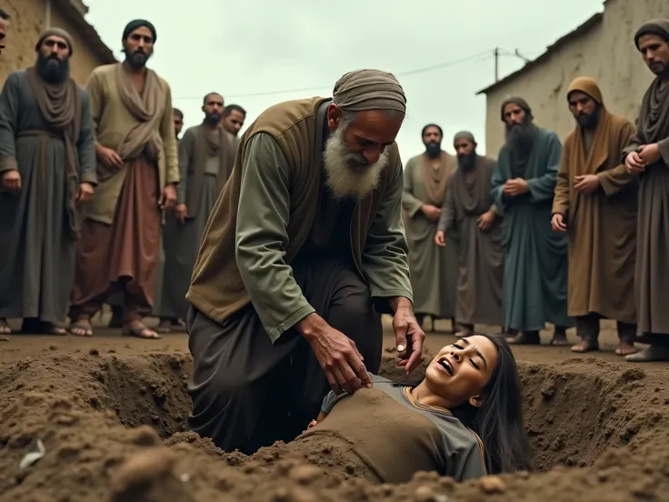 Muslim old man is burying a girl in a grave, half of her body is outside and half is buried in the soil, people of the nearby village are standing and stopping him.