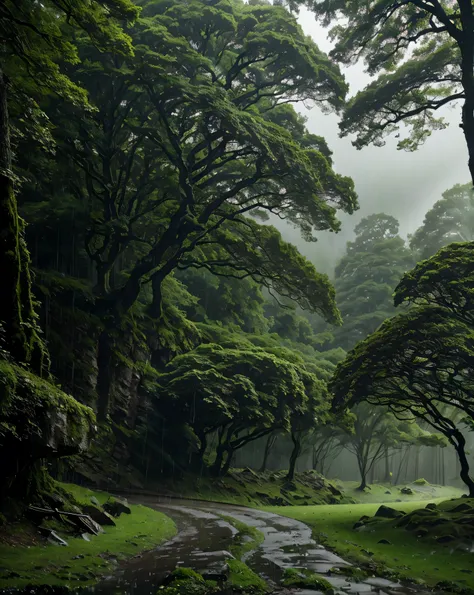 The towering shady trees , The leaves rustle softly in the rainstorm . The wet path seems faint among the grasses and mossy boulders . The air is filled with the scent of rain and wet foliage , gives a sense of calm and freshness . Thin mist drifts be...