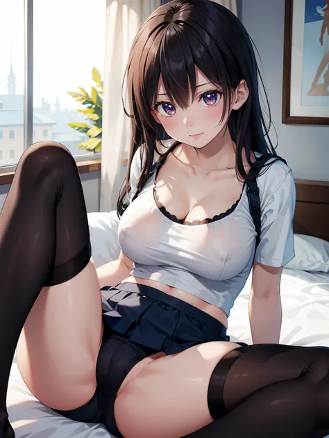  one woman、(( top quality)), ( high resolution), (( very detailed))、( Masterpiece)、An adult-like high school girl、Wearing a bald shirt, bra, and cute panties、(I'm wearing knee-high stockings)、(I'm lying on the bedroom floor and spreading my legs)、Cute nipp...