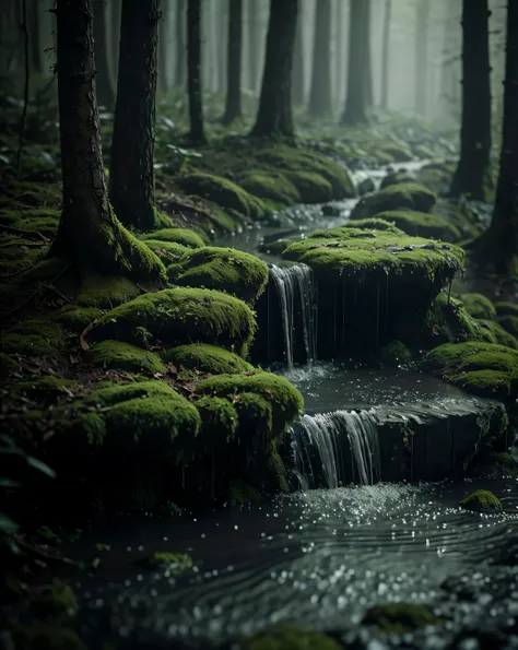 This small forest felt like another world—silence , damp , and covered by a thin mist . The dim light pierced the crevice of the foliage , creating a soft reflection over the stone surface covered in thick moss . The cold air brought the fresh scent of...