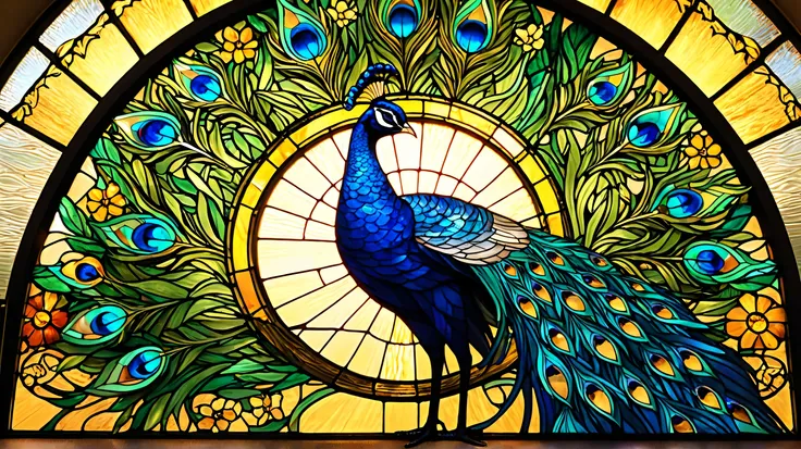 Beautiful stained glass-style art. In the center is a majestic blue peacock, with fine feather details expressed in the texture of glass. The peacock's long tail feathers are marked with bright green, blue, and gold eyeballs. In the background, a golden li...