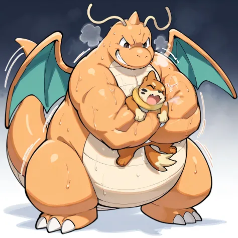 4k ultra quality, 4k full body view,masterpiece quality, large dragonite, small buizel, wrestling, bearhug, choke_hold,(dragonite is giant bulky fat, very large body, open eyes, evil grin, carrying person, hold up, arched back, sweaty, steamy breath, fatty...