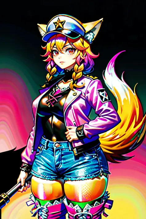 (best quality:2.0), (crisp:2.0), (highres:2.0), (((a rich yellow and pink gradient wolf tail:2.0))), anime, full body:2.0, (single image), (solo beautiful lady:2.0), (masterpiece:2.0), (detailed face:2.0), (detailed eyes:1.4), ((denim shorts:2.0)), ((thick...