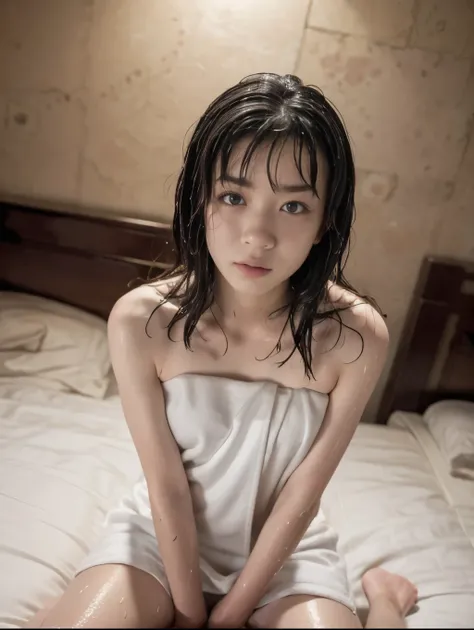 raw photo, 8k, (top-quality), Realistic, (real picture, Intricate details), (natural skin texture, detailed skin, hyper realism, sharpness), (Japanese woman, sitting with knees up, in a old and deserted hotel at night, dark and narrow room), ((naked towel)...