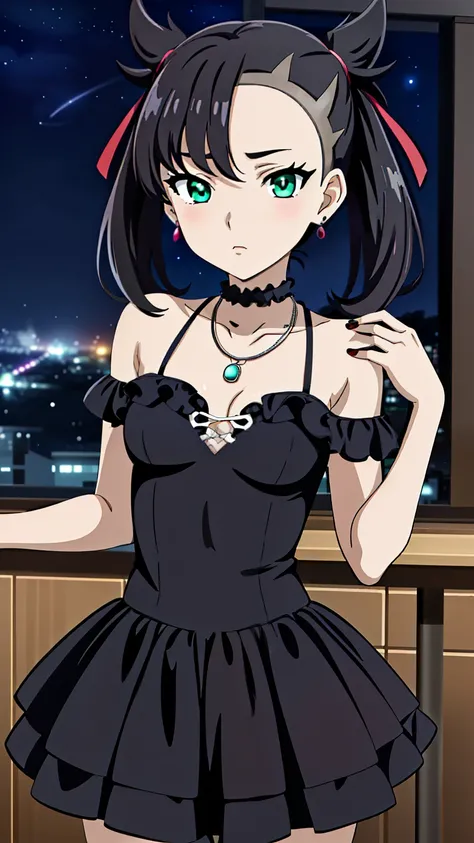 Marnie Pokemon, Marnie \(Pokemon\), blue-green eyes, green eyes, black hair, medium hair, asymmetrical bangs, black choker, red hair ribbon, earrings, black nail polish, (small breasted), (masterpiece, highest quality, highly detailed, 8k:1.2), (anime colo...