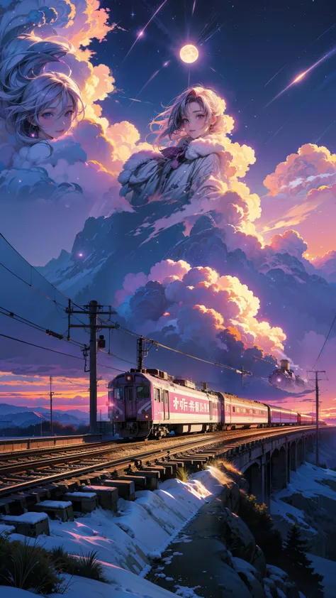 anime scenery of a huge train running on a vast winter plains under a starry night,  purple pink sky , Half Moon, train,winter, Snowy,train focus,   girls of height below look thick but   , anime art wallpaper 4k, anime clouds , Xin Haicheng cyril rolando,...