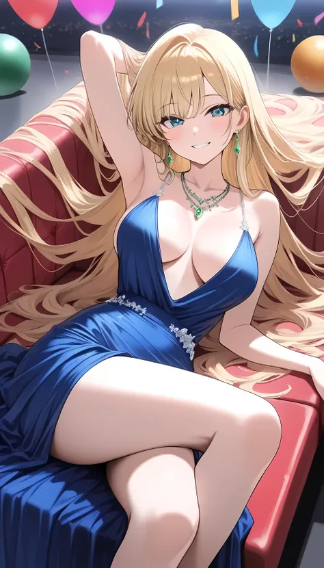 ((best quality)), ((masterpiece)), (detailed), perfect face, (best quality), (detailed skin), (intricate details), party, ball gown, ((blue dress)), plunging neckline, green emerald necklace, earrings, bewitching smile, (hair spread out, blonde hair), terr...