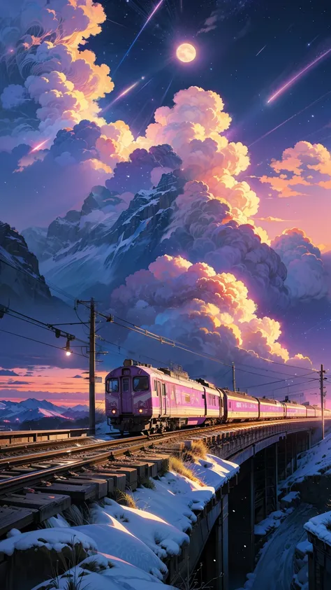 anime scenery of a huge train running on a vast winter plains under a starry night,  purple pink sky , Half Moon, train,winter, Snowy,train focus,   girls of height below look thick but   , anime art wallpaper 4k, anime clouds , Xin Haicheng cyril rolando,...