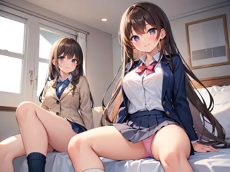 (Masterpiece, top quality, high resolution, realistic photos, realistic looking skin:1.1),
(High school girl sits on bed in her room and shows panties:1.8),
(Make sure she has a happy, smiling expression: 1.5),
(The high school girl is wearing a navy blue ...