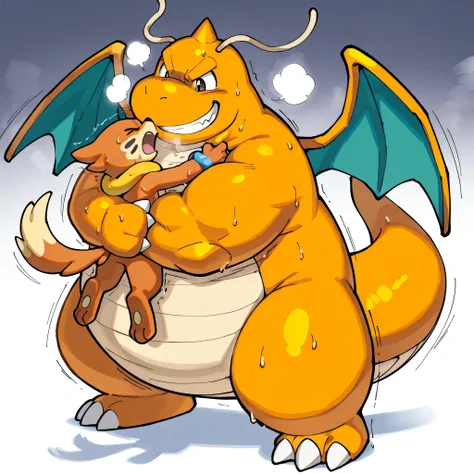 4k ultra quality, 4k full body view,masterpiece quality, large dragonite, small buizel, wrestling, bearhug, choke_hold,(dragonite is giant bulky fat, very large body, open eyes, evil grin, carrying person, hold up, arched back, sweaty, steamy breath, fatty...