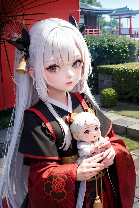   Cute Japanese doll close-up  ,  Bright red and black robes ,   shows details of her portrait as Master Yin Yang  .   Carefully Designed  ,   anime-style 3D design showing every line of her red kimono ,   Even in 8K HD  ，  Its texture and weave  .   This ...