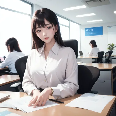 (  1 Korean woman sitting in a modern office),  looking at the camera、Doesn&#39;t go beyond the screen( casual shirt /) ( BLUE SKIRT ) Flat chest、( brown hair/) bangs,  Friendly Blushing Smile , ( Best Masterpiece Top Quality :1.2)  Delicate Illustration S...